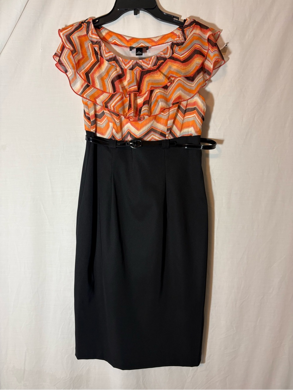 AB Studio Orange Chevron Ruffle Top with Black Pencil Skirt